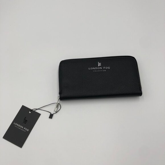 London Fog Cambridge Zip Around Wallet Black Faux Leather Elegant Compact NWT‎ - Picture 1 of 5